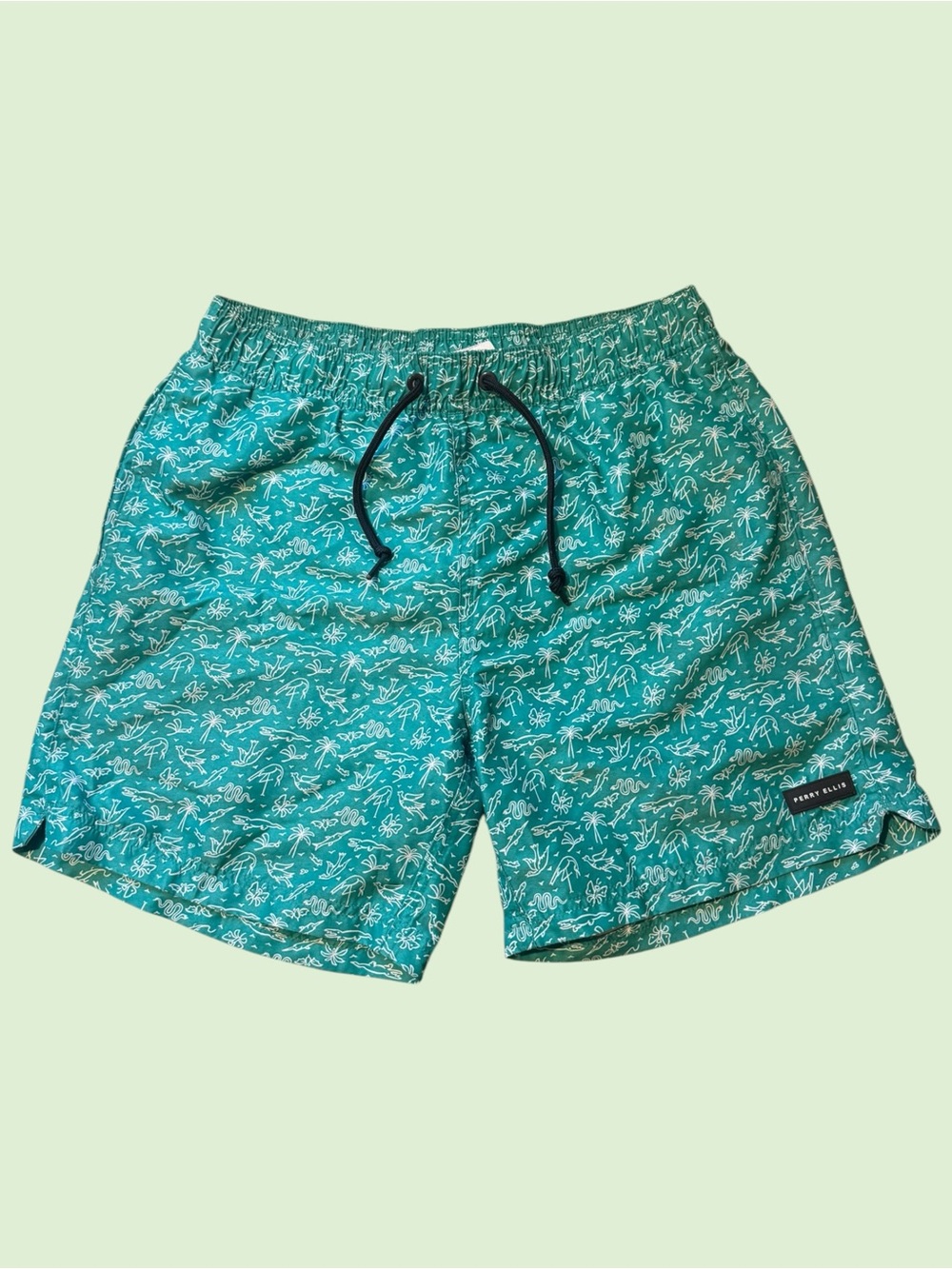 Perry Ellis Teal Swim Trunks with White Botanical Print